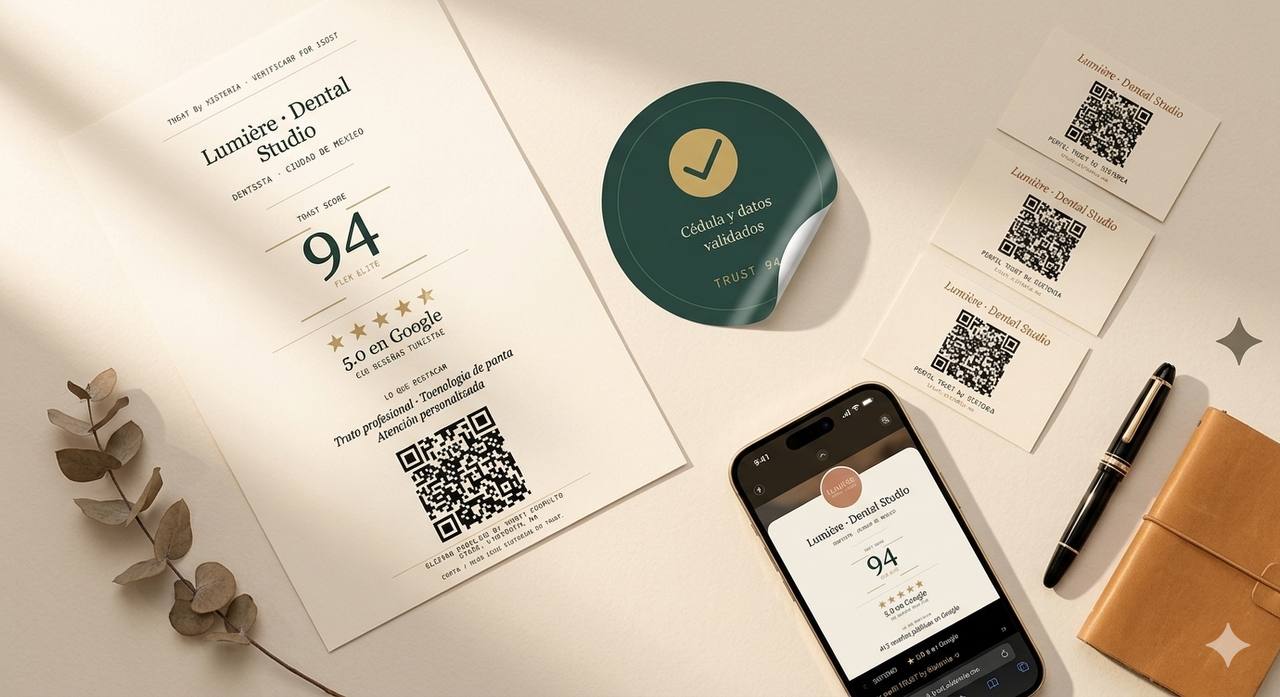 Materiales Trust Pro Fundador: poster, sticker, tarjetas y app